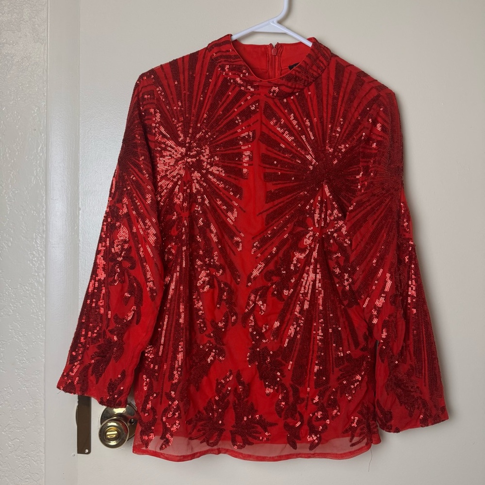 Boston Proper Red Sequin Long Sleeve Top Size L - Picture 2 of 7